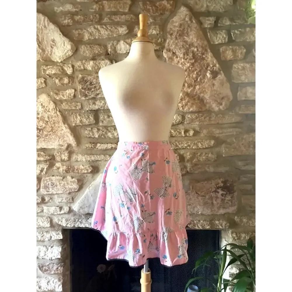 Vintage 1950's Pink Floral & Bow Ruffle Hem Half Apron - Cottagecore Kitchen